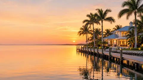 A waterfront home at sunset on the Gulf Coast